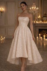 Champagne Sequin A Line Wedding Dress with High Low Hem