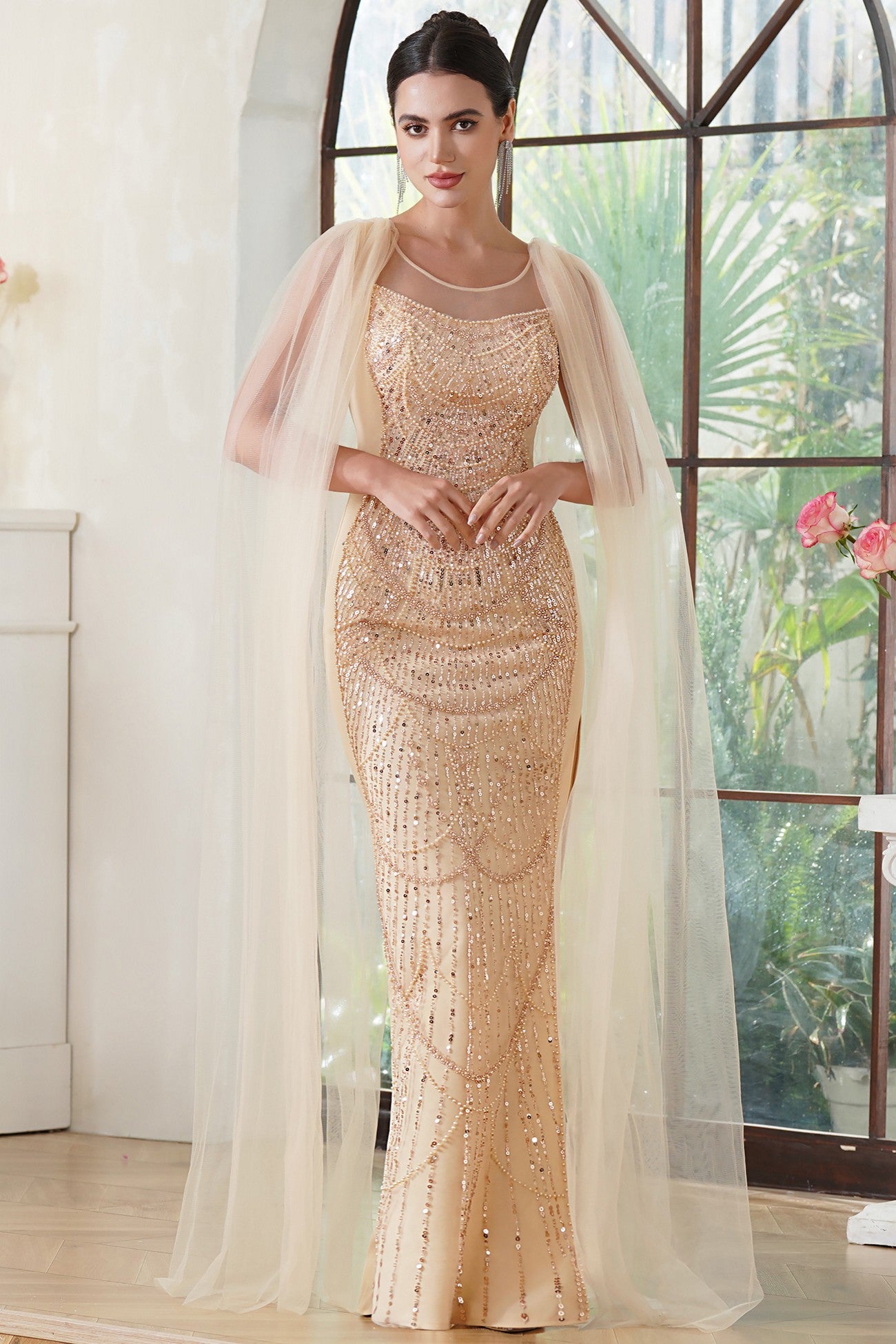 Champagne Sequin Mermaid Scoop Neck Formal Dress