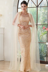 Champagne Sequin Mermaid Scoop Neck Formal Dress