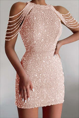 Champagne Sequined Homecoming Dress Gold Jewel Neck Short Cocktail Dress With Beadings