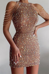 Champagne Sequined Homecoming Dress Gold Jewel Neck Short Cocktail Dress With Beadings