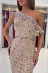 Champagne Sheath/Column Prom Dress Asymmetric Neck Tea Length Formal Dress