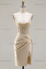 Champagne Strapless Ruched Corset Tight Short Homecoming Dress with Slit