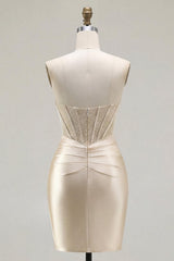 Champagne Corset Strapless Tight Short Ruched Homecoming Dress with Slit