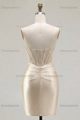 Champagne Strapless Ruched Corset Tight Short Homecoming Dress with Slit