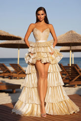 Champagne Tiered Prom Dress Sleeveless Sweetheart High Low Formal Dress