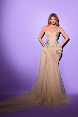 Champagne Tulle Formal Dress Strapless Mermaid Embroidered Prom Dress with Rhinestones