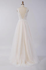 Champagne Tulle Wedding Dress Lace Appliques A-Line Sleeveless Bridal Dress