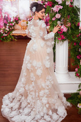 Champagne Wedding Dress A Line Square Beaded Illusion Sleeves Sequined Tulle Bridal Gown With 3D Flowers