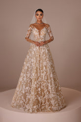 Champagne Wedding Dress A Line V Neck Illusion Sleeves Floor Length Tulle Bridal Gown With Appliques