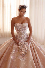 Champagne Wedding Dress Strapless Sleeveless Beaded Ball Gown Bridal Gown With Appliques And Rhinestones