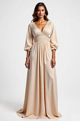 Champagne Wedding Guest Dress V-Neck A Line Ruched Long Formal Dress