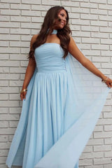 Charming A Line Strapless Blue Long Prom Dress With Scarf Formal Evening Gown