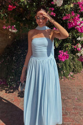 Charming A Line Strapless Blue Long Prom Dress With Scarf Formal Evening Gown