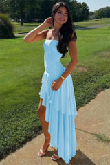 Charming Asymmetrical Strapless Blue Long Prom Dress With Ruffles Formal Evening Gown