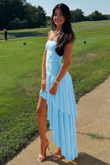 Charming Asymmetrical Strapless Blue Long Prom Dress With Ruffles Formal Evening Gown