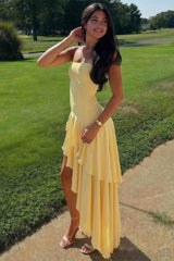 Charming Asymmetrical Strapless Blue Long Prom Dress With Ruffles Formal Evening Gown
