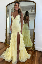 Charming Mermaid Spaghetti Straps Lace Up Long Prom Dress With Ruffle Skirt Formal Evening Gown