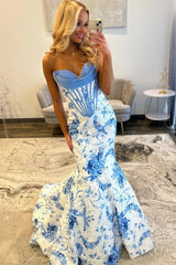 Charming Mermaid Sweetheart Blue Corset Prom Dress With Appliques Formal Evening Gown