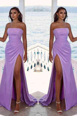 Charming Purple Long Evening Dress Evening Dress Strapless Sleeveless Slit Pleated