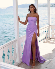 Charming Purple Long Evening Dress Evening Dress Strapless Sleeveless Slit Pleated