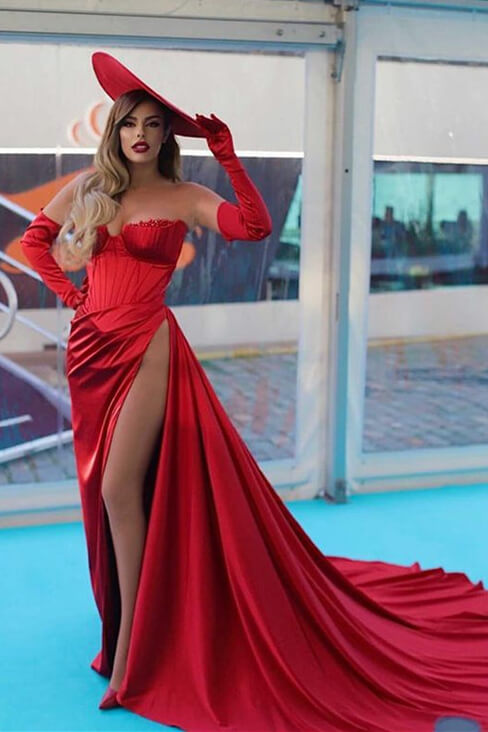 Charming Red Evening Dress Off the Shoulder Strapless Long Sleeve with Slit