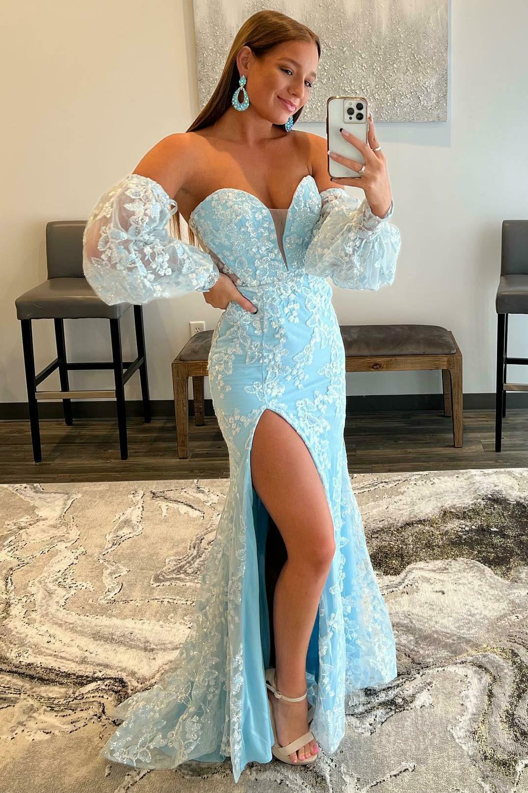 Charming V Neck Half Sleeve Evening Dress with Appliques and Slit