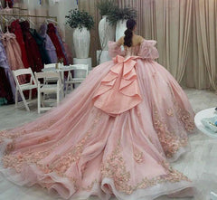 Chic Ball Gown Sweetheart Neck Puff Sleeves Beaded 3D Flowers Lace Appliques Pink Tulle Quinceanera Dress Princess Party Gown For Sweet 16
