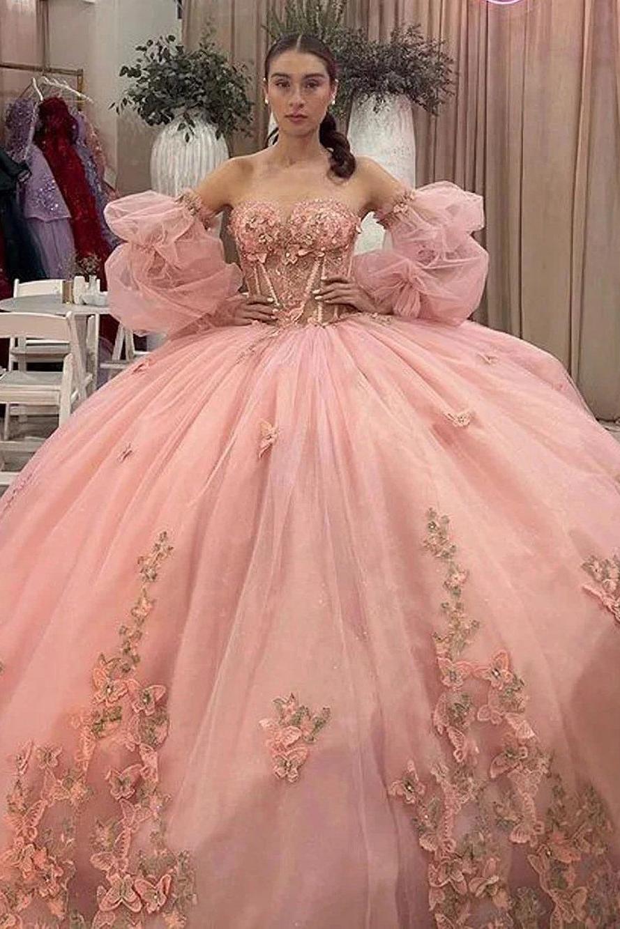 Chic Ball Gown Sweetheart Neck Puff Sleeves Beaded 3D Flowers Lace Appliques Pink Tulle Quinceanera Dress Princess Party Gown For Sweet 16