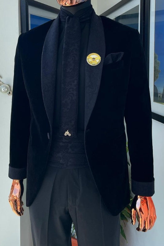Chic Black Shawl Lapel 2 Piece Velvet Men Suit for Wedding