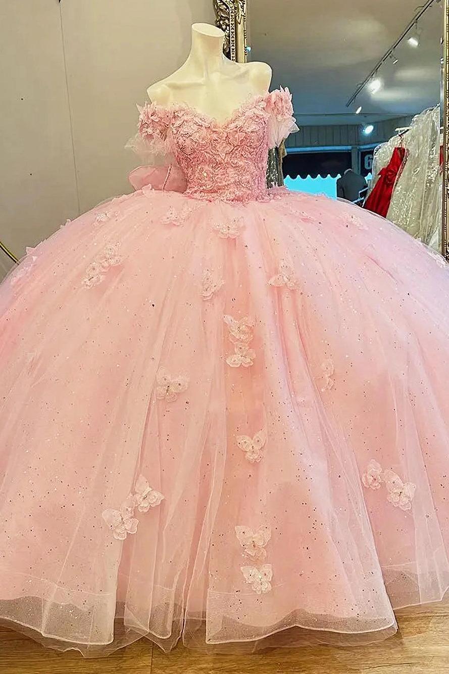 Chic & Cute Ball Gown Off Shoulder 3D Butterfly Lace Appliques Bow Knot Pink Tulle Quinceanera Dress Princess Party Gown For Sweet 16