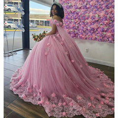 Chic & Cute Ball Gown Off Shoulder 3D Flower Lace Appliques Beaded Pink Tulle Quinceanera Dress Birthday Party Gown For Sweet 16