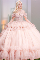 Chic & Cute Ball Gown Off Shoulder Spaghetti Straps Appliques Sequins Beaded Tiered Baby Pink Tulle Quinceanera Dress Birthday Party Dress For Sweet 16