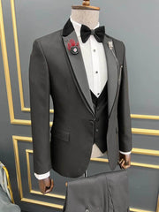 Chic Dark Gray Peaked Lapel 3 Piece Business Suit