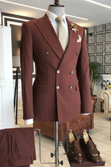 Chic Dark Red Peaked Lapel Double Breasted Striped Business Suit