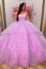 Chic & Glitter Ball Gown Strapless Tiered Bow Knot Lilac Tulle Quinceanera Dressprincess Evening Party Gown For Sweet 16