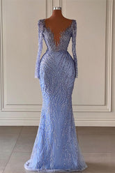 Chic Long Sleeve Sequin Mermaid Evening Dress with V Neck Beading