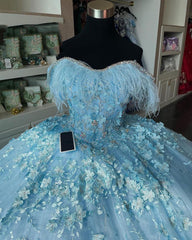 Chic & Modern Ball Gown Off Shoulder 3D Flower Appliques Feather Sky Blue Tulle Quinceanera Dress Princess Birthday Party Gown For Sweet 16