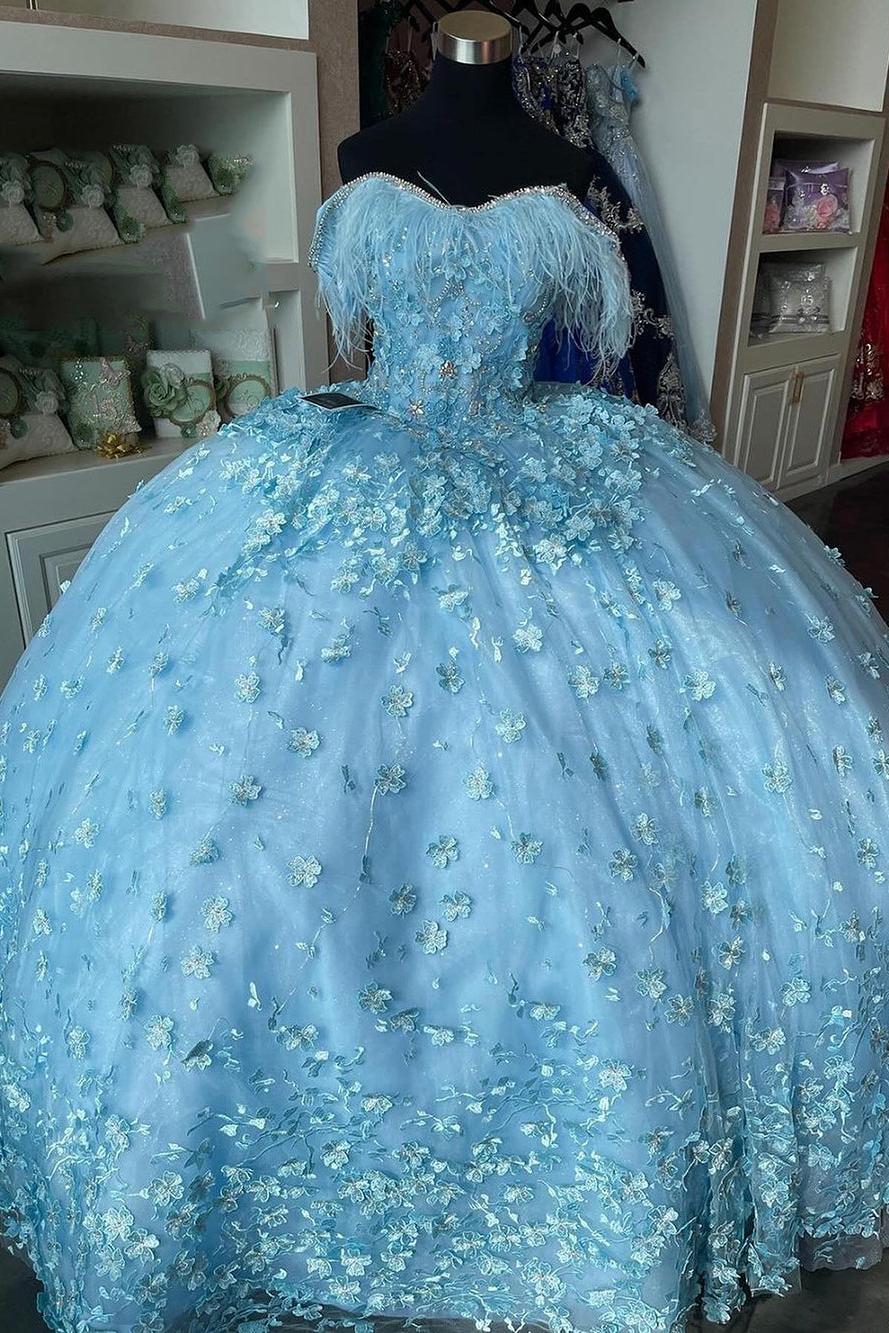 Chic & Modern Ball Gown Off Shoulder 3D Flower Appliques Feather Sky Blue Tulle Quinceanera Dress Princess Birthday Party Gown For Sweet 16