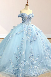 Chic & Modern Ball Gown Off Shoulder 3D Flower Appliques Lace Up Sweep Train Baby Blue Tulle Quinceanera Dress Birthday Party Dress For Sweet 16