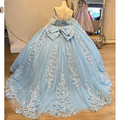 Chic & Modern Ball Gown Off Shoulder Bow Knot 3D Flower Lace Appliques Beaded Sky Blue Tulle Quinceanera Dress Birthday Party Gown For Sweet 16