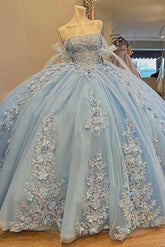 Chic & Modern Ball Gown Off Shoulder Bow Knot 3D Flower Lace Appliques Beaded Sky Blue Tulle Quinceanera Dress Birthday Party Gown For Sweet 16