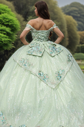 Chic & Modern Ball Gown Off Shoulder Flower Appliques Lace Up Bow Knot Mint Green Tulle Quinceanera Dress Birthday Party Dress For Sweet 16