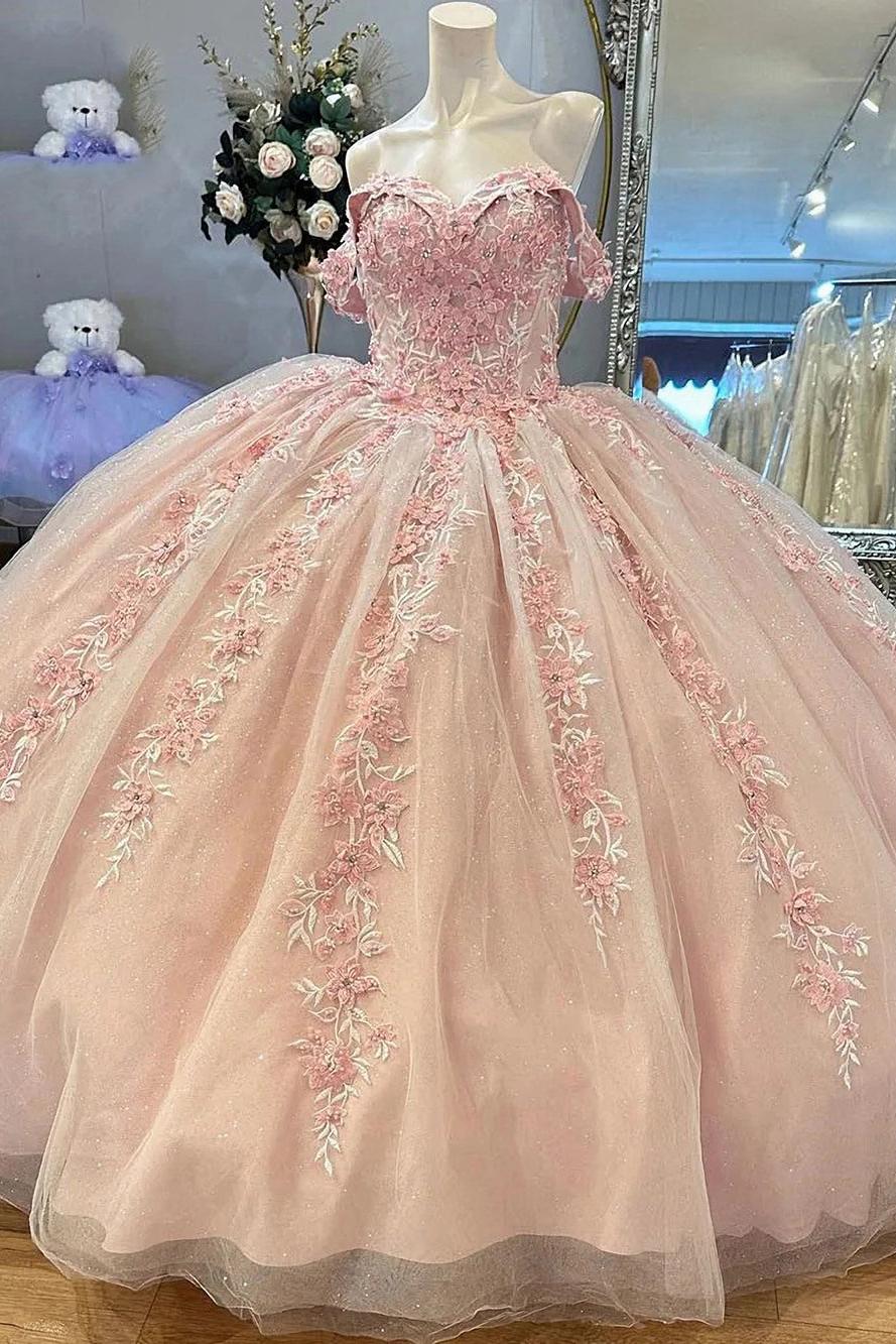 Chic & Modern Ball Gown Off Shoulder Flower Lace Appliques Baby Pink Tulle Quinceanera Dress Princess Birthday Party Gown For Sweet 16