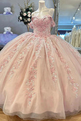 Chic & Modern Ball Gown Off Shoulder Flower Lace Appliques Baby Pink Tulle Quinceanera Dress Princess Birthday Party Gown For Sweet 16