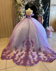 Chic & Modern Ball Gown Off Shoulder Sequins Beaded Floral Lace Appliques Lilac Tulle Quinceanera Dress Birthday Party Gown For Sweet 16