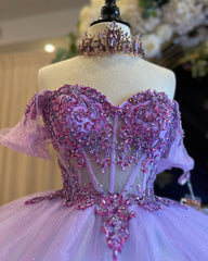 Chic & Modern Ball Gown Off Shoulder Sequins Beaded Floral Lace Appliques Lilac Tulle Quinceanera Dress Birthday Party Gown For Sweet 16