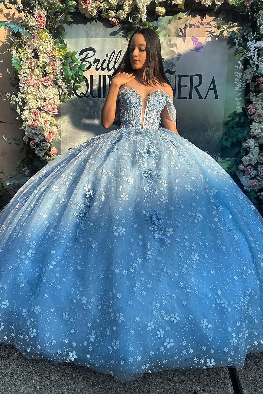 Chic & Modern Ball Gown Off Shoulder Sweetheart Corset Flowers Lace Appliques Sky Blue Tulle Quinceanera Dress Princess Party Gown For Sweet 16
