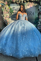 Chic & Modern Ball Gown Off Shoulder Sweetheart Corset Flowers Lace Appliques Sky Blue Tulle Quinceanera Dress Princess Party Gown For Sweet 16