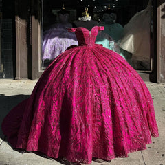 Chic & Modern Ball Gown Off Shoulder Sweetheart Neck Hot Pink Tulle Quinceanera Dress Princess Evening Party Gown For Sweet 16 Dress